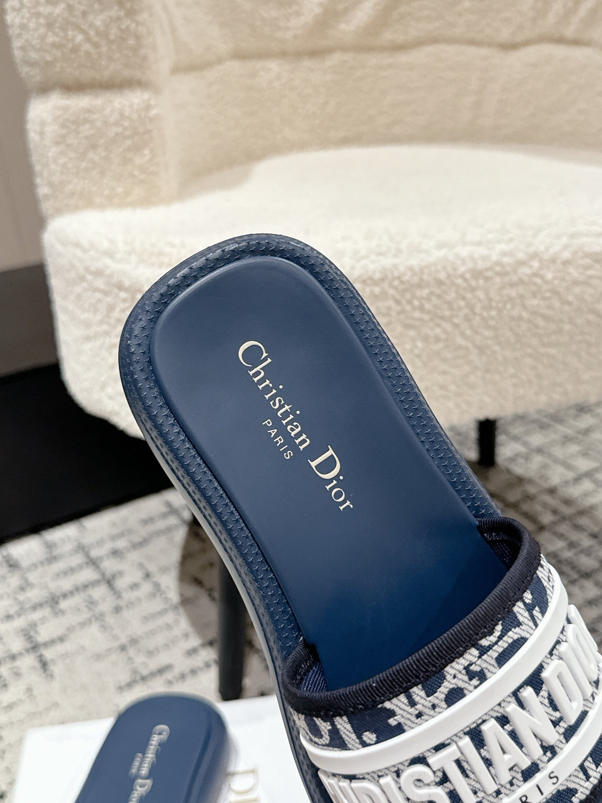 DIOR SLIDES 25S IN DUSTY NAVY BLUE LAMBSKIN AND FABIRC WITH BRAND LOGO STYLE 2