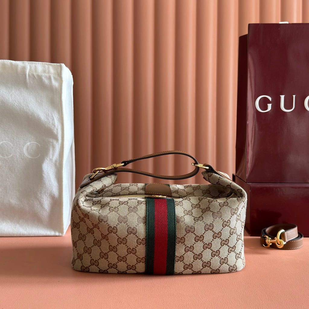 GUCCI 26S GIGLIO TOP HANDLE BAG 27 IN WARM BEIGE AND BROWN CANVAS