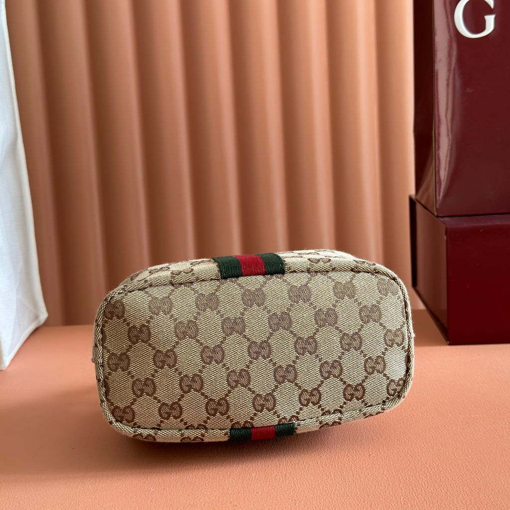 GUCCI 26S GIGLIO TOP HANDLE BAG 19 IN WARM BEIGE AND BROWN CANVAS