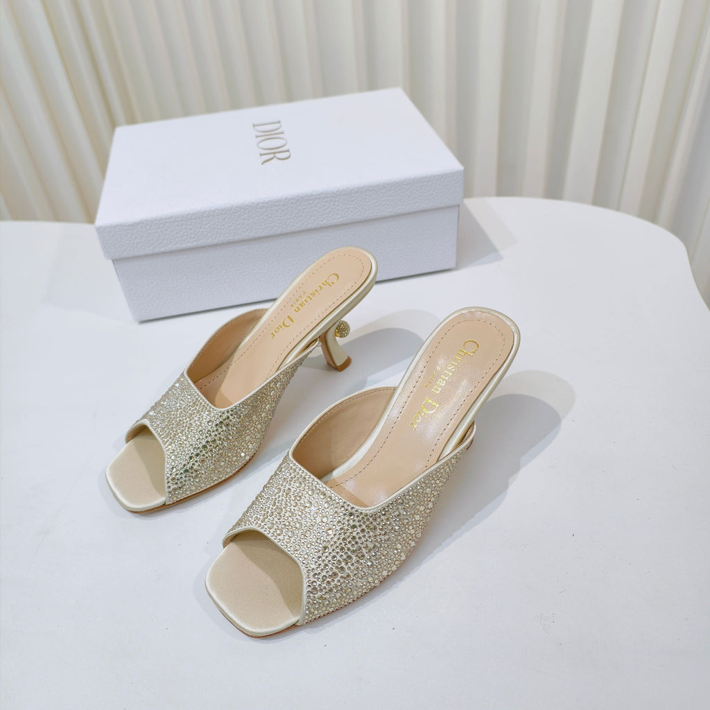 DIOR EMBELLISHED HIGH HEEL SLIDES 25S IN LIGHT BEIGE SATIN AND CALFSKIN