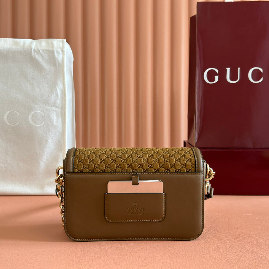 GUCCI 26S SHOULDER BAG 21 IN BROWN EMBOSSED SUEDE AND CALFSKIN