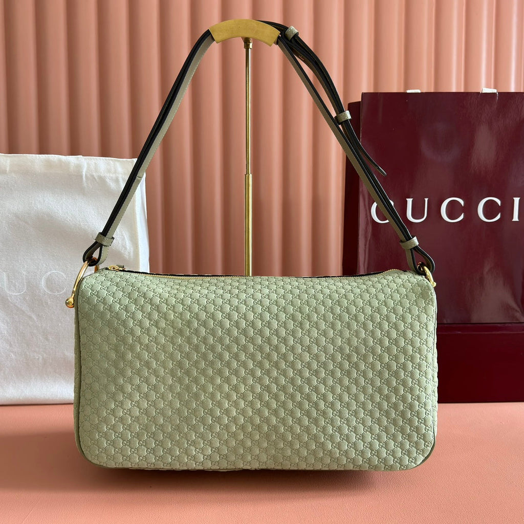 GUCCI 26S SHOULDER BAG 38 IN LIGHT GREEN EMBOSSED SUEDE