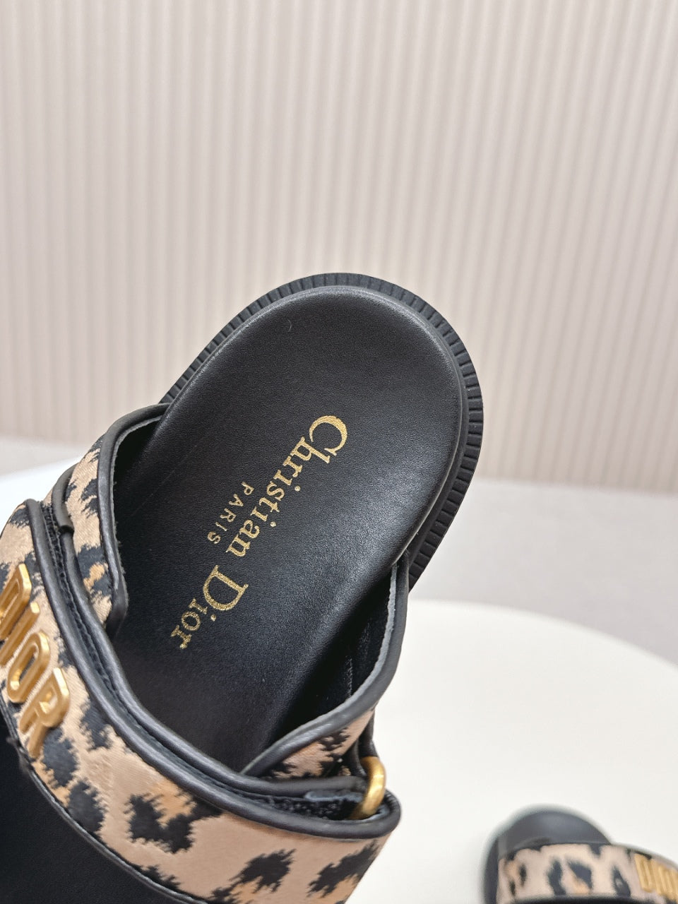 DIOR CLASSIC DOUBLE-STRAP SLIDES 25S IN BROWN MIX BLACK FABRIC AND CALFSKIN WITH LEOPARD PRINT